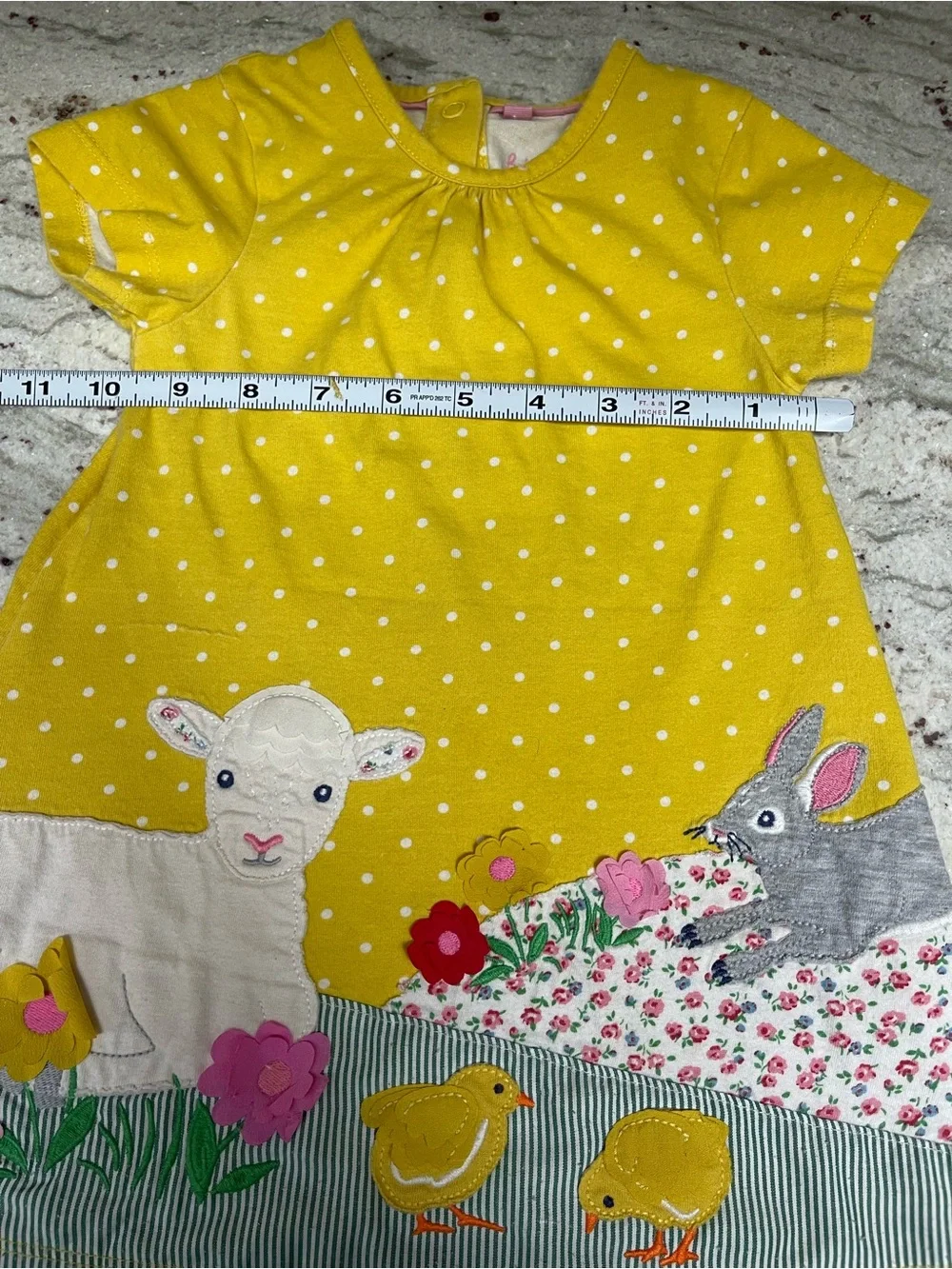 Baby Boden Yellow Polka Dot Farm Animal Appliqué Dress Sheep Chicks Bunny 18-24m